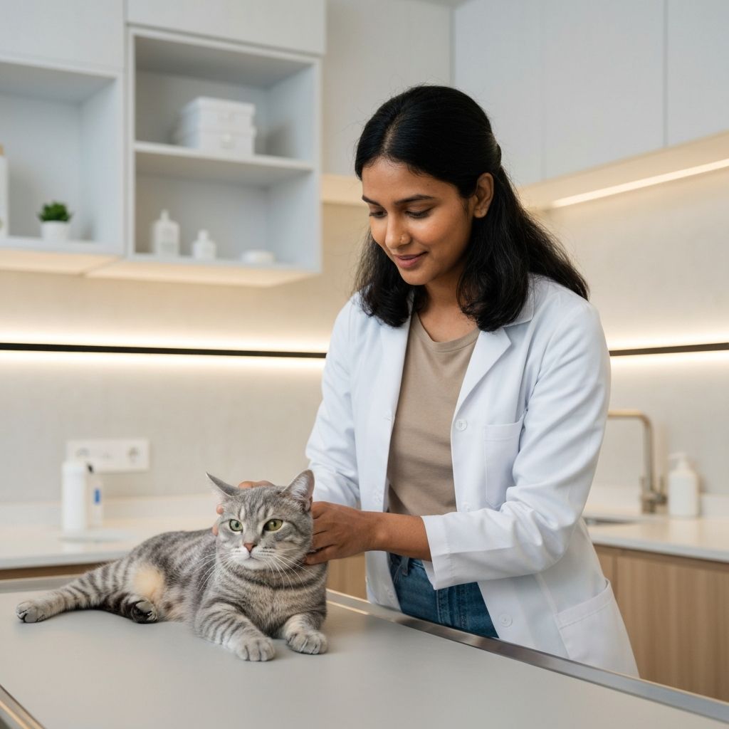 Veterinaria cuidando a un gato en una consulta